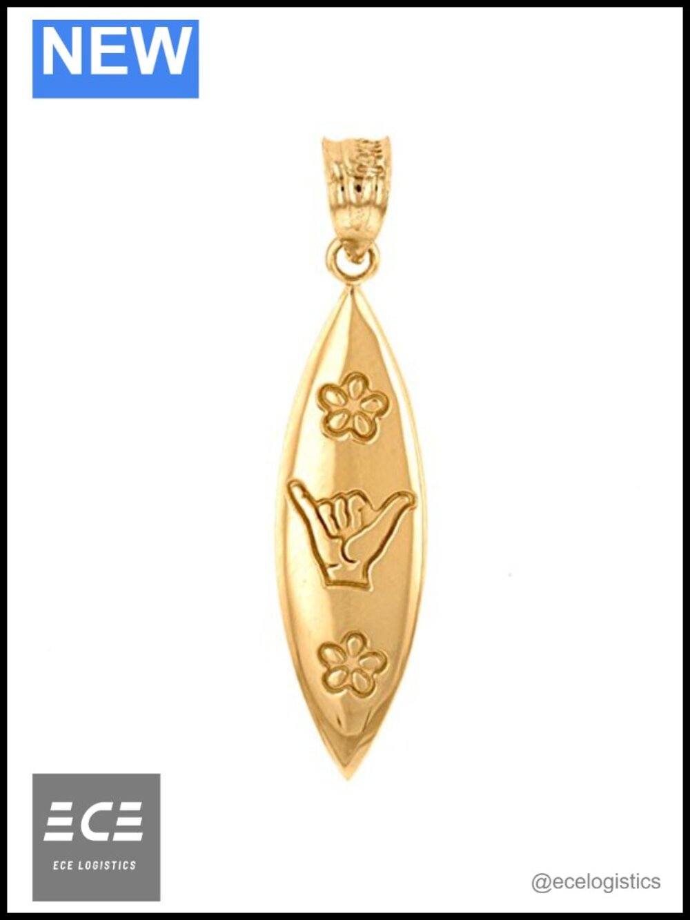 10K Yellow Gold Hawaiian Shaka Hang Loose Surfboard Pendant